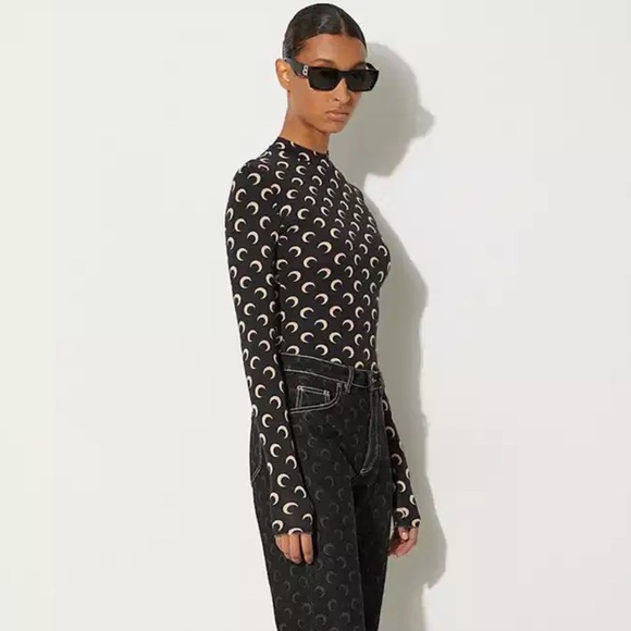 MARINE SERRE All Over Moon Black Second Skin Long Sleeve T-Shirt - Picture 4 of 8